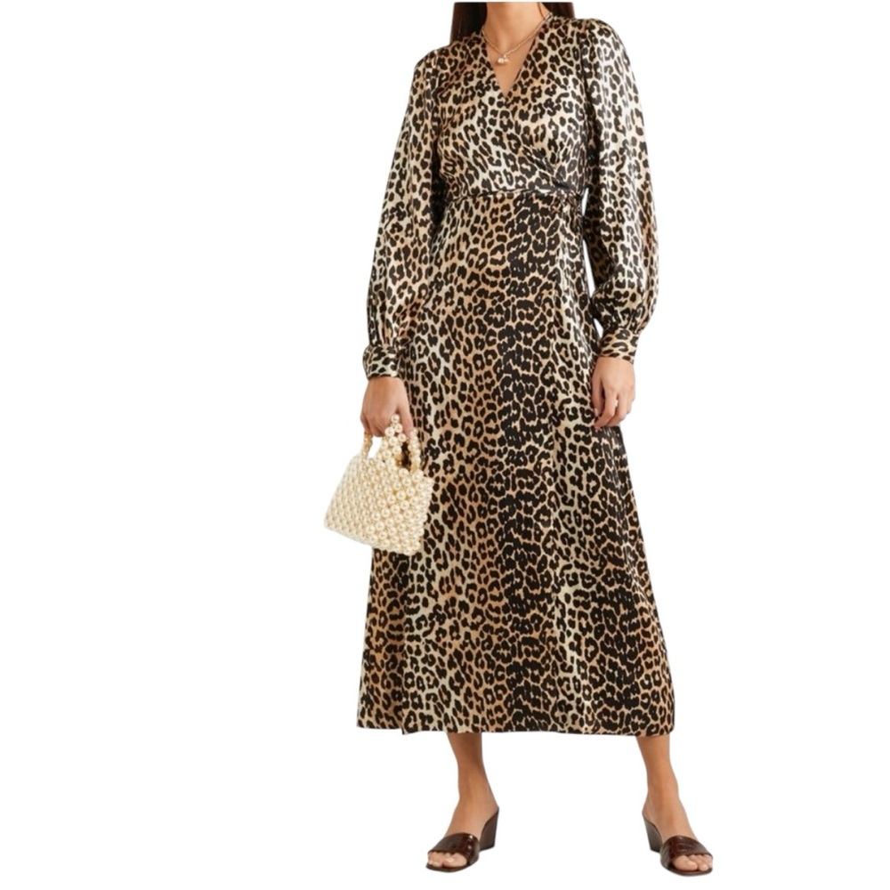 GANNI Leopard Print Silk Maxi Wrap Dress